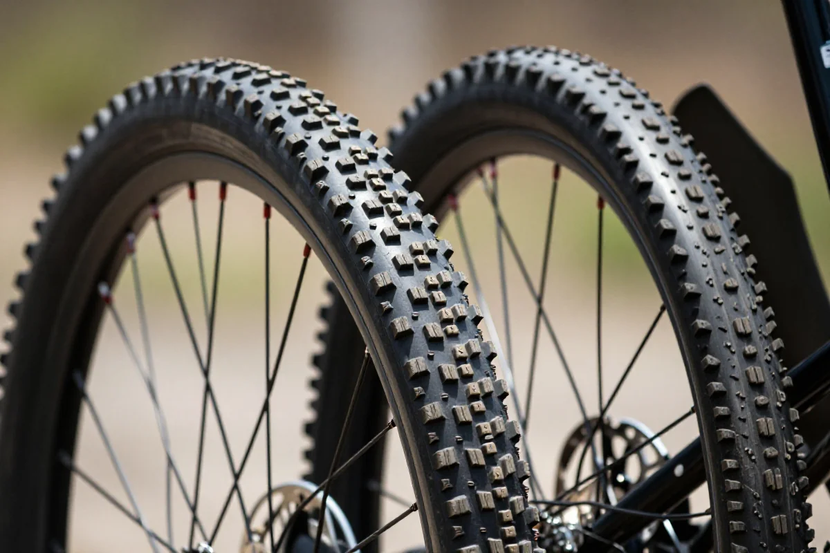 Porównanie opon MTB: przednia i tylna z różnymi bieżnikami.