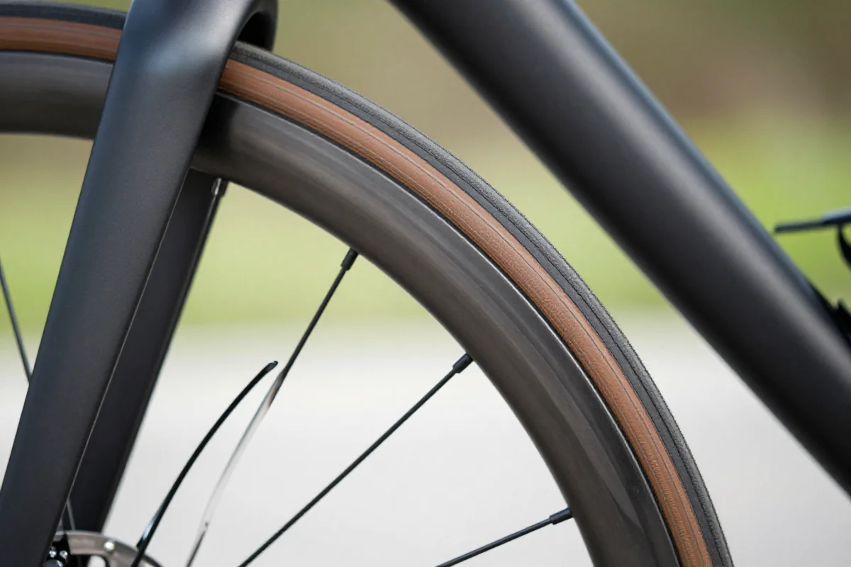 Zbliżenie opony tubeless na obręczy rowerowej, ukazujące technologię bezdętkową.