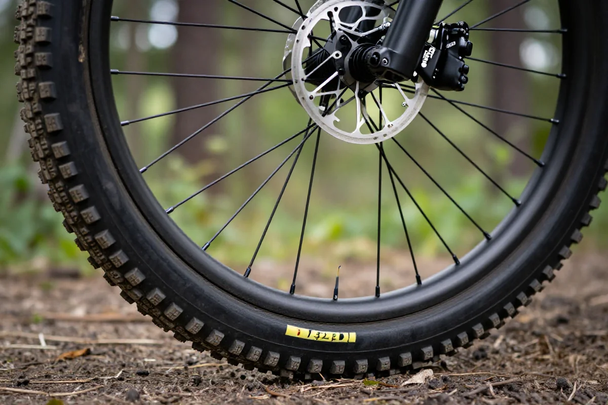 Zbliżenie na oponę MTB z dętką, detaliczny widok bieżnika i wentyla.