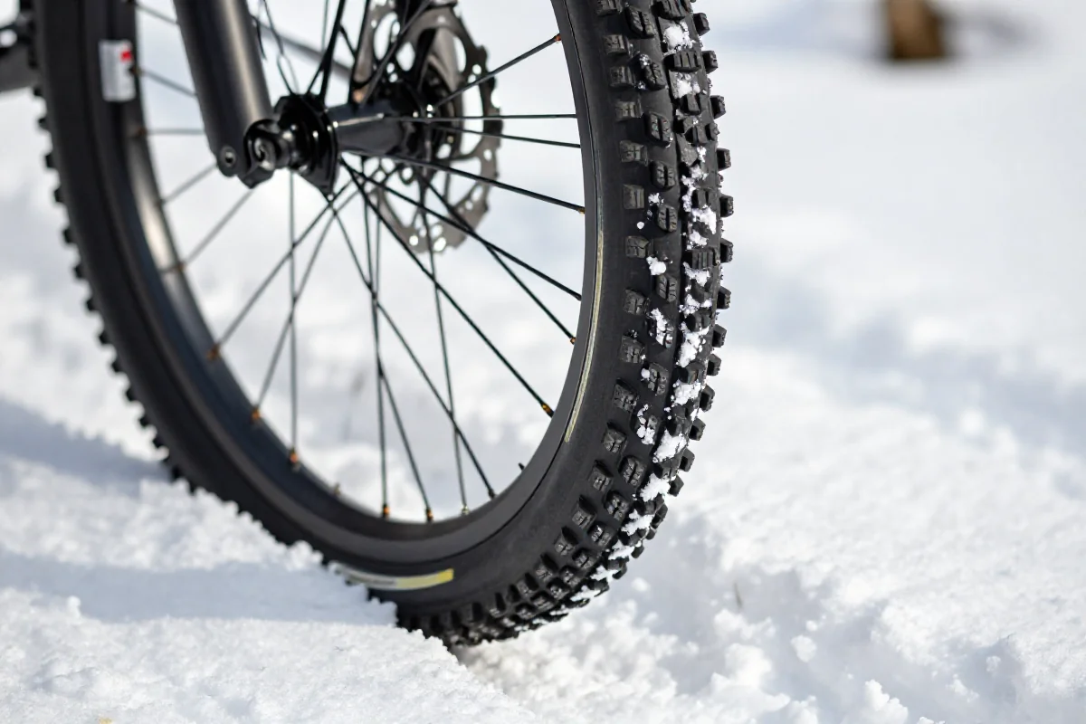 Opony zimowe do MTB na śnieżnym szlaku, pokazujące agresywny bieżnik.