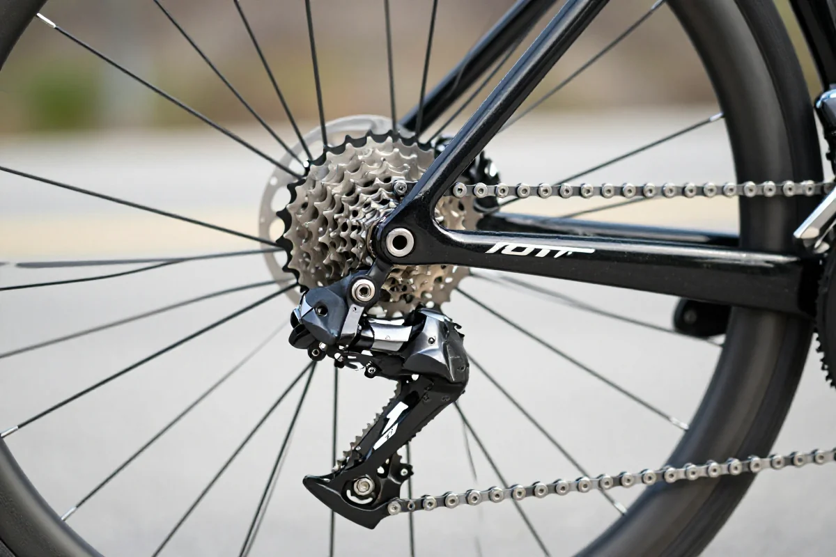 Szczegóły systemu napędowego roweru szosowego, idealne do Gran Fondo.