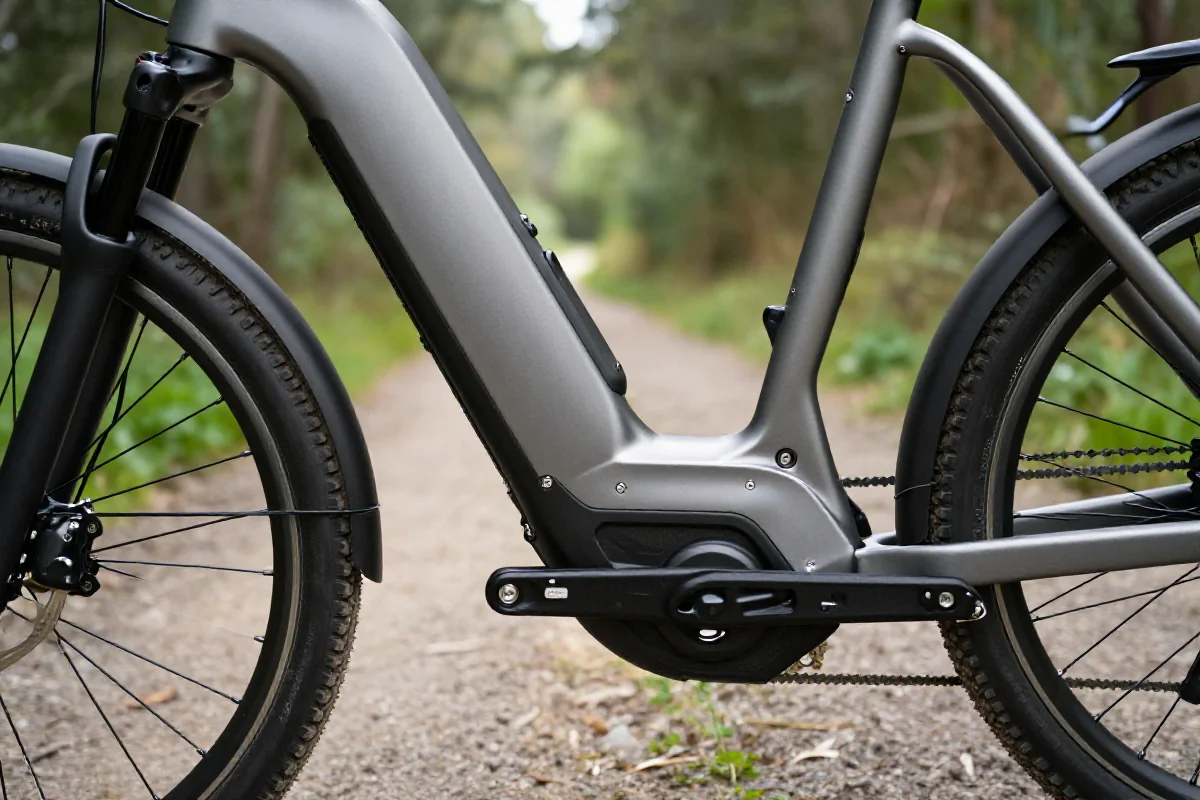 Szczegóły nowoczesnego roweru elektrycznego na ścieżce, z akumulatorem i silnikiem.