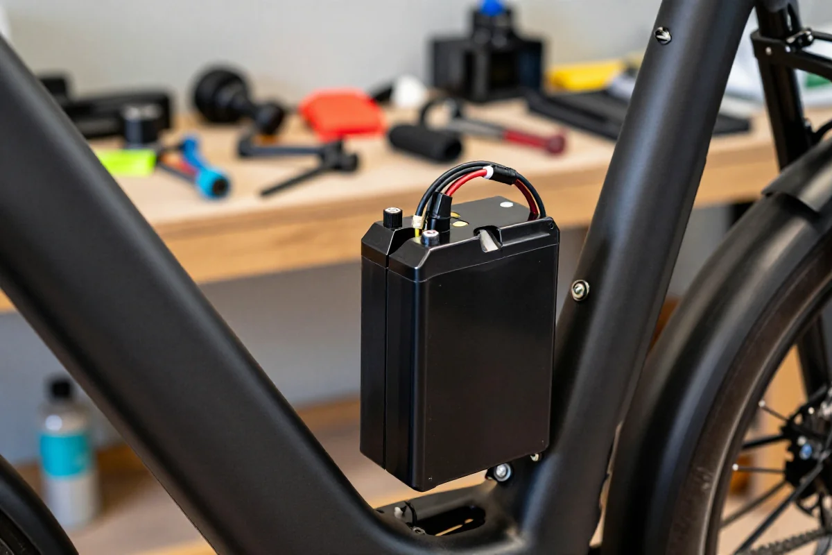 Bateria litowo-jonowa w rowerze elektrycznym w warsztacie rowerowym.