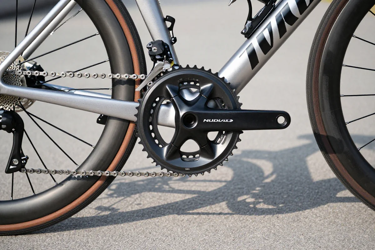 Zbliżenie na korbę roweru szosowego, pokazujące detale kadencji i komponenty.