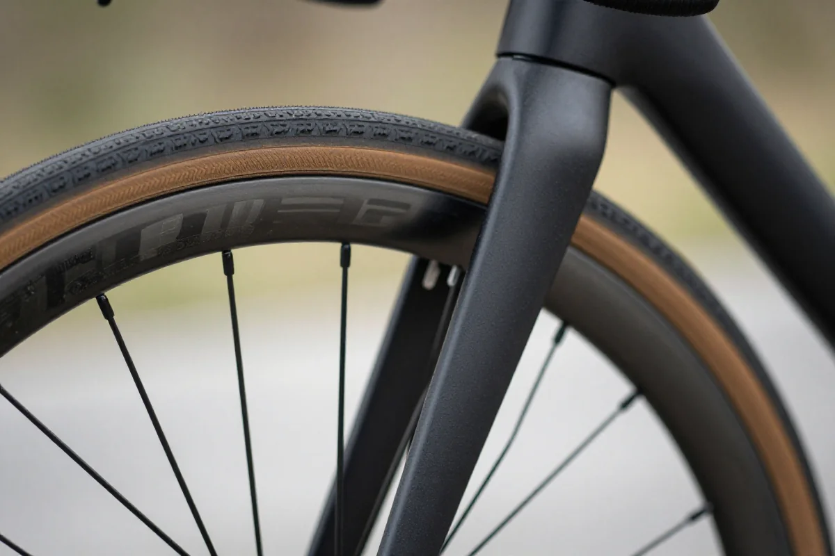 Zbliżenie na oponę rowerową 28mm na obręczy, ukazujące detale bieżnika.