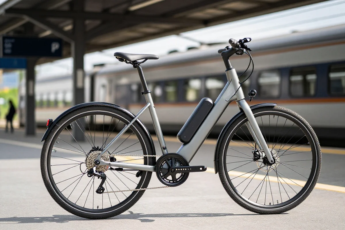 Nowoczesny rower elektryczny przy stacji kolejowej, symbolizujący multimodalność transportu.