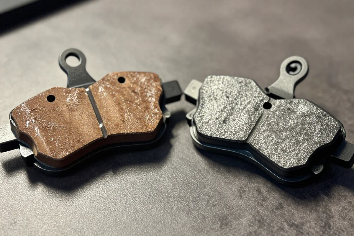 Porównanie klocków hamulcowych organicznych i spiekanych na tle tekstury.