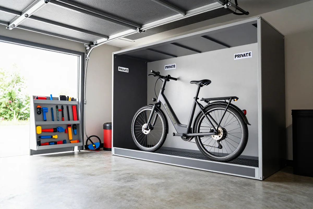 Zorganizowana przestrzeń garażowa z elektrycznym rowerem i narzędziami.