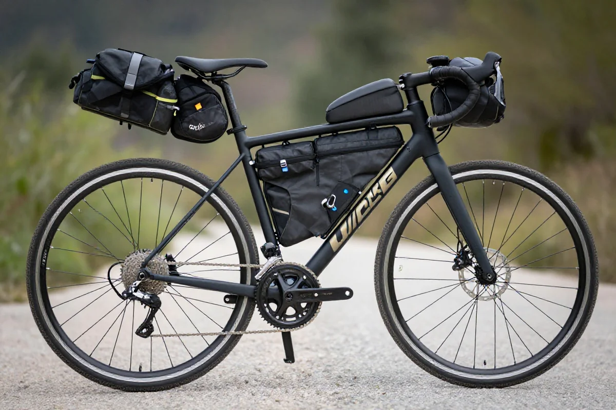 Zorganizowany rower turystyczny z akcesoriami i torbami, odpowiednie pakowanie bagażu.
