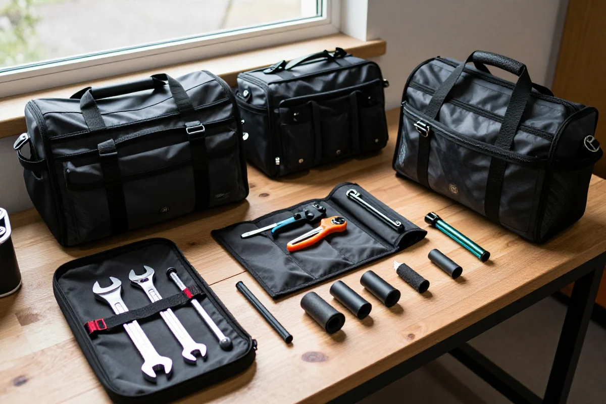 Różne torby narzędziowe dla rowerów na drewnianym stole warsztatowym.