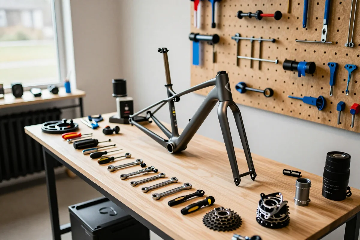 Domowy warsztat rowerowy z narzędziami i częściami do rowerów górskich.