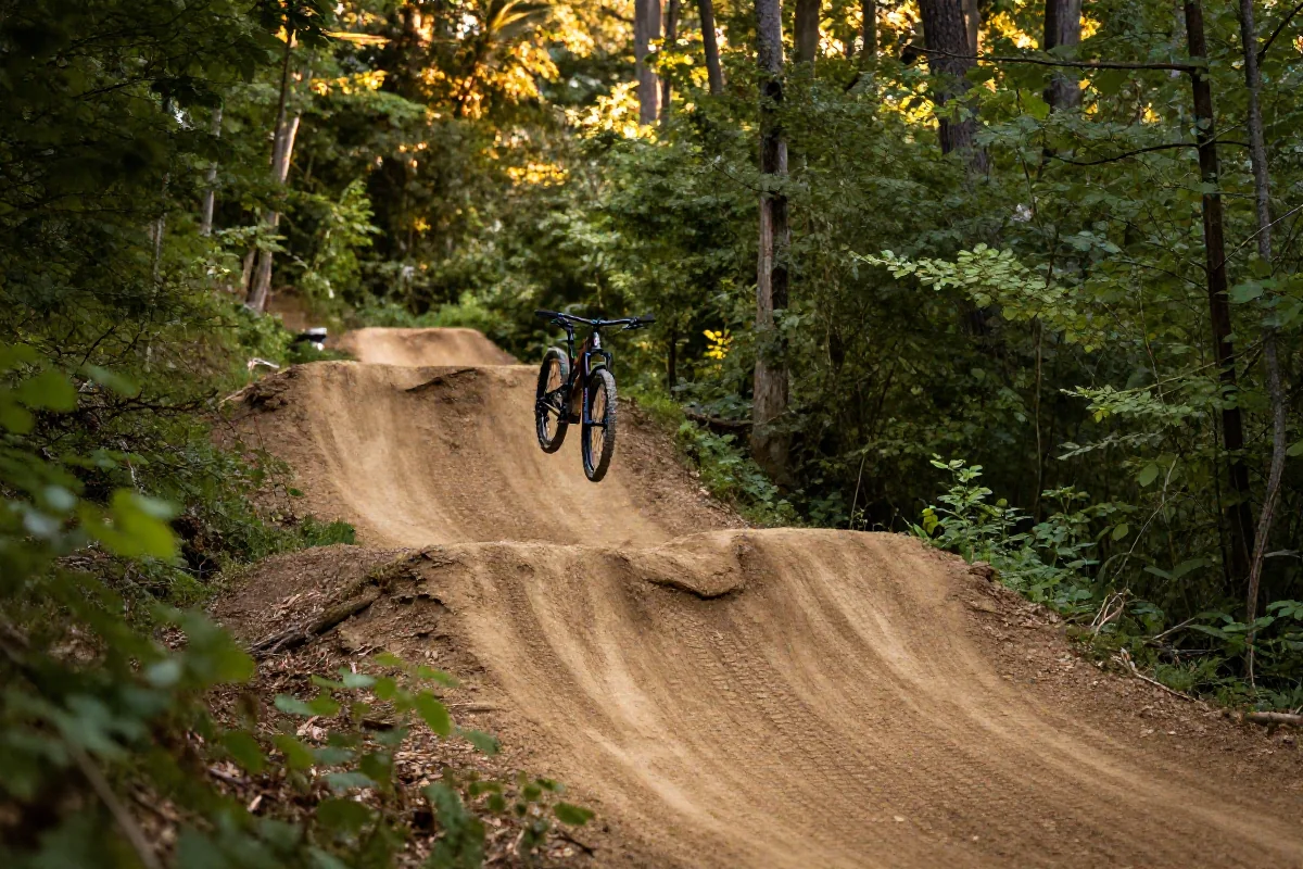 Szlak rowerowy MTB w lesie, z naturalnymi przeszkodami i zielonym otoczeniem.