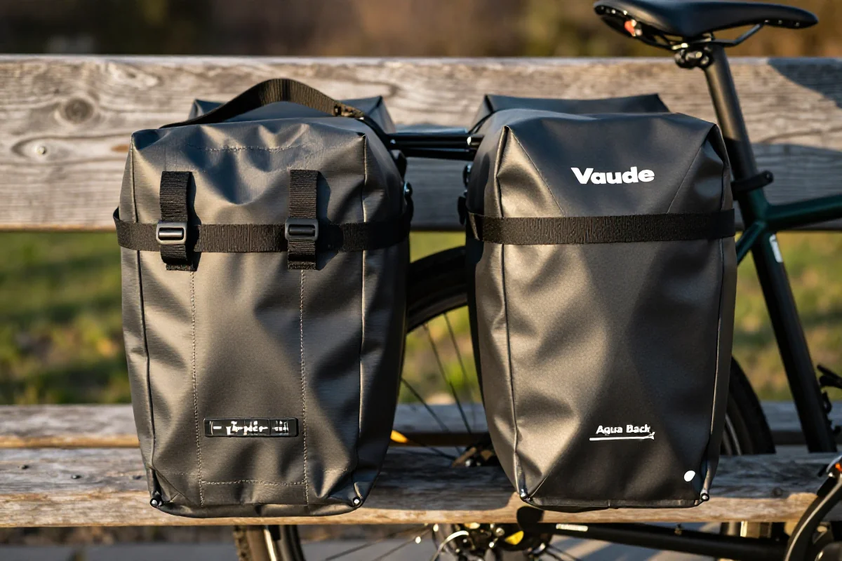 Porównanie sakw rowerowych Ortlieb Back-Roller i Vaude Aqua Back na drewnianej ławce.