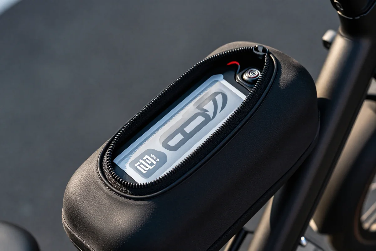 Osłona neoprenowa na akumulator roweru elektrycznego, zapewniająca ochronę przed warunkami atmosferycznymi.