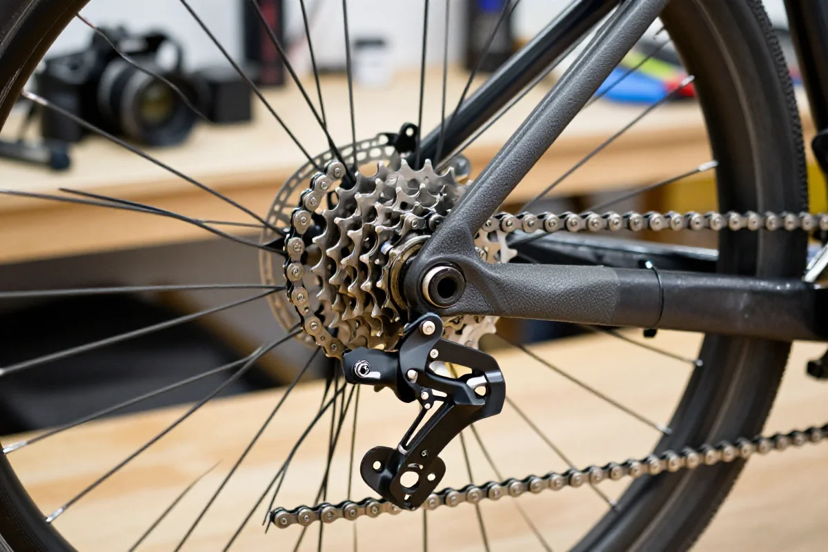 Osłony na łańcuch i zębatki rowerowe w warsztacie, z bliska.