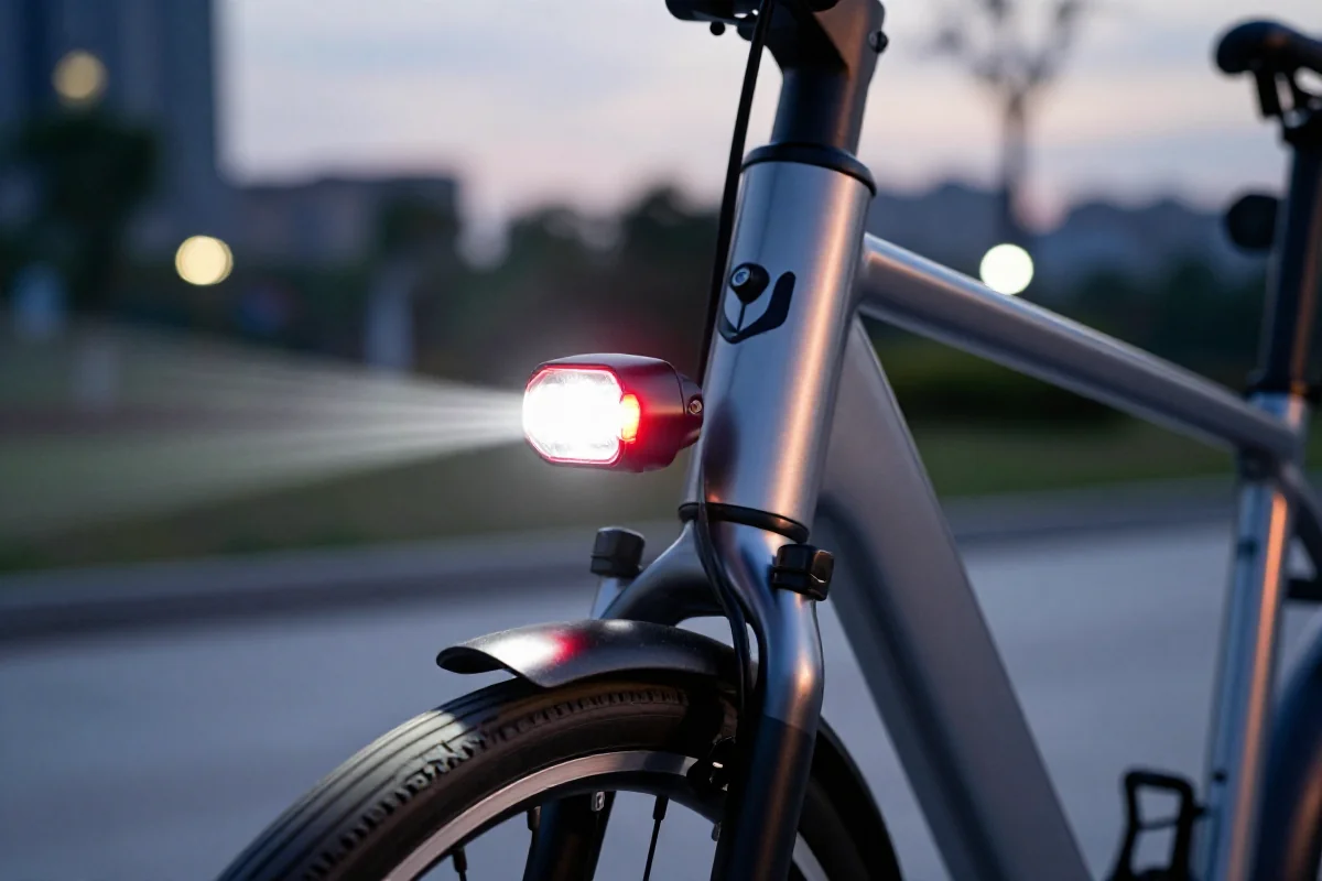 Nowoczesny system oświetlenia e-bike z przednimi i tylnymi lampami.