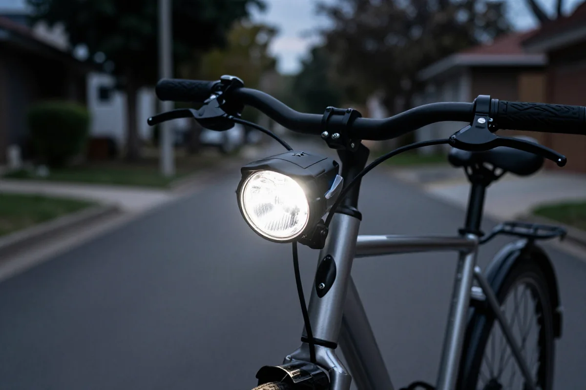 Wysokiej jakości oświetlenie rowerowe na kierownicy w słabo oświetlonym terenie