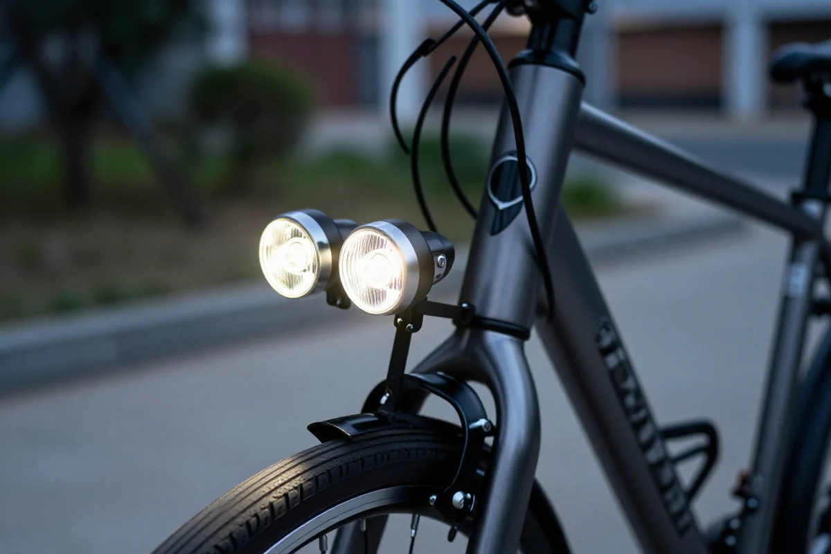 Nowoczesne oświetlenie rowerowe w miejskim otoczeniu nocnym.