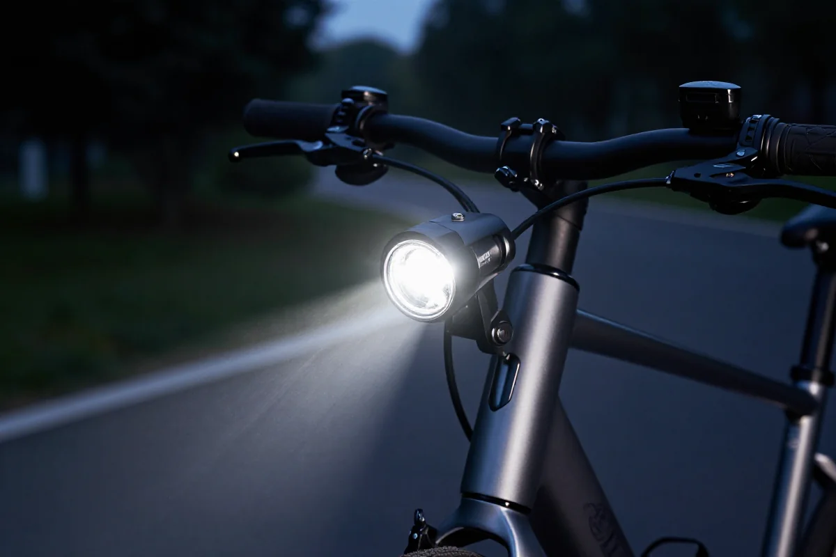 Nowoczesne oświetlenie do roweru elektrycznego na ciemnej drodze.