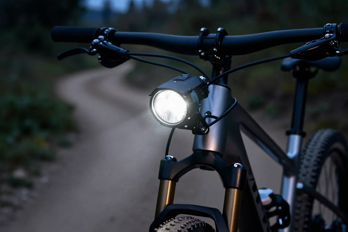 Lampka przednia MTB w akcji na ciemnej trasie rowerowej