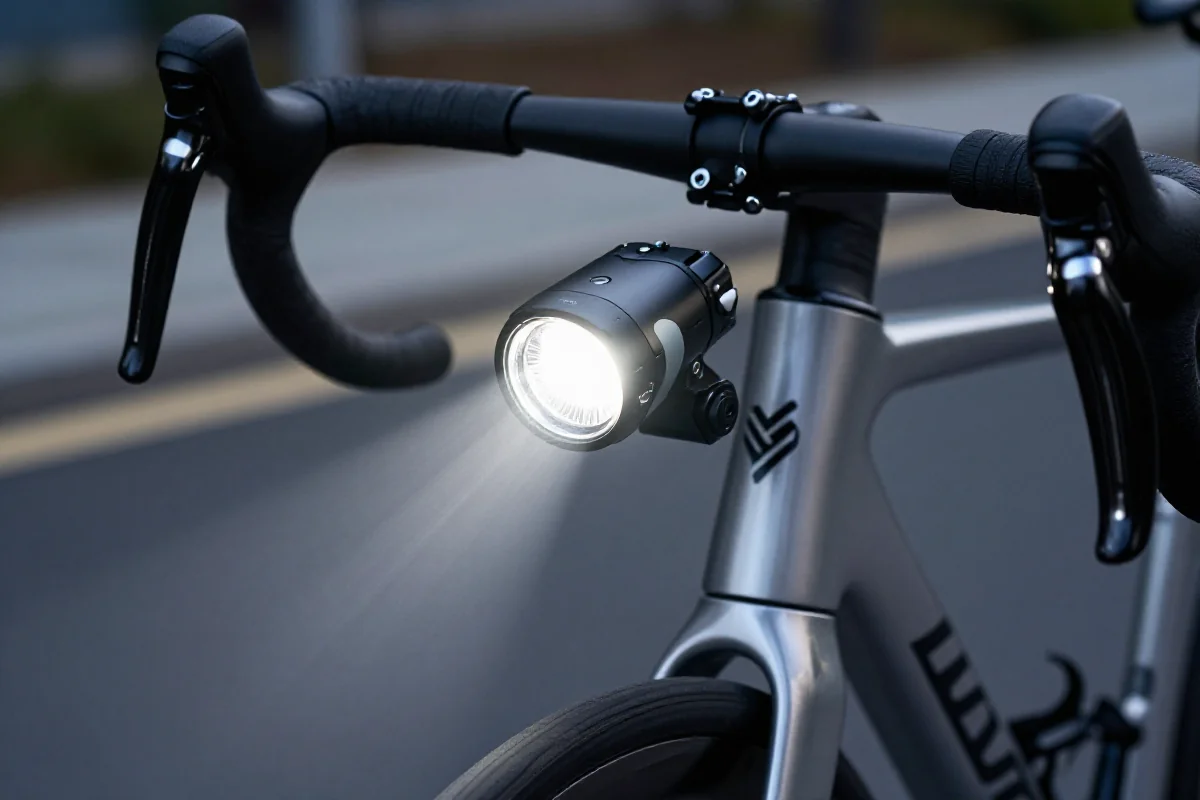 Nowoczesne oświetlenie rowerowe na kierownicy roweru szosowego