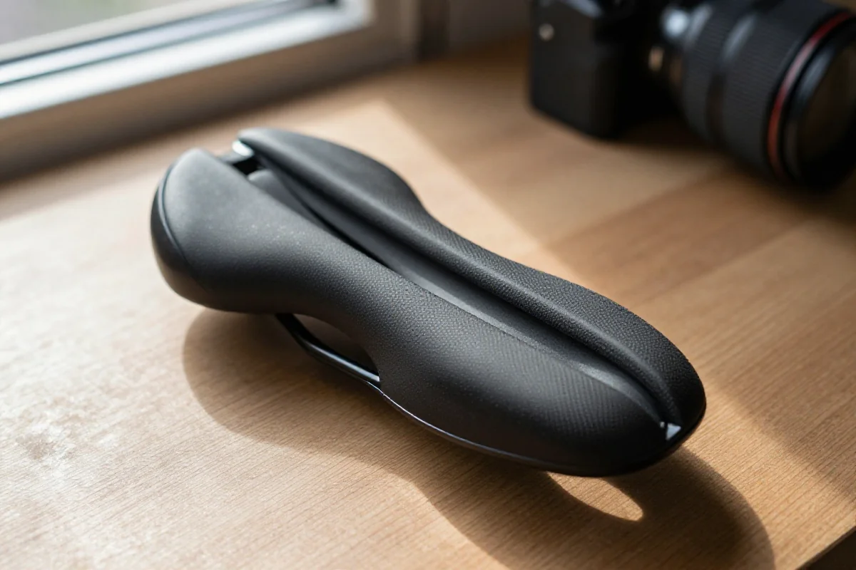 Wkładka żelowa do roweru na drewnianym stole, ukazująca szczegóły materiału.