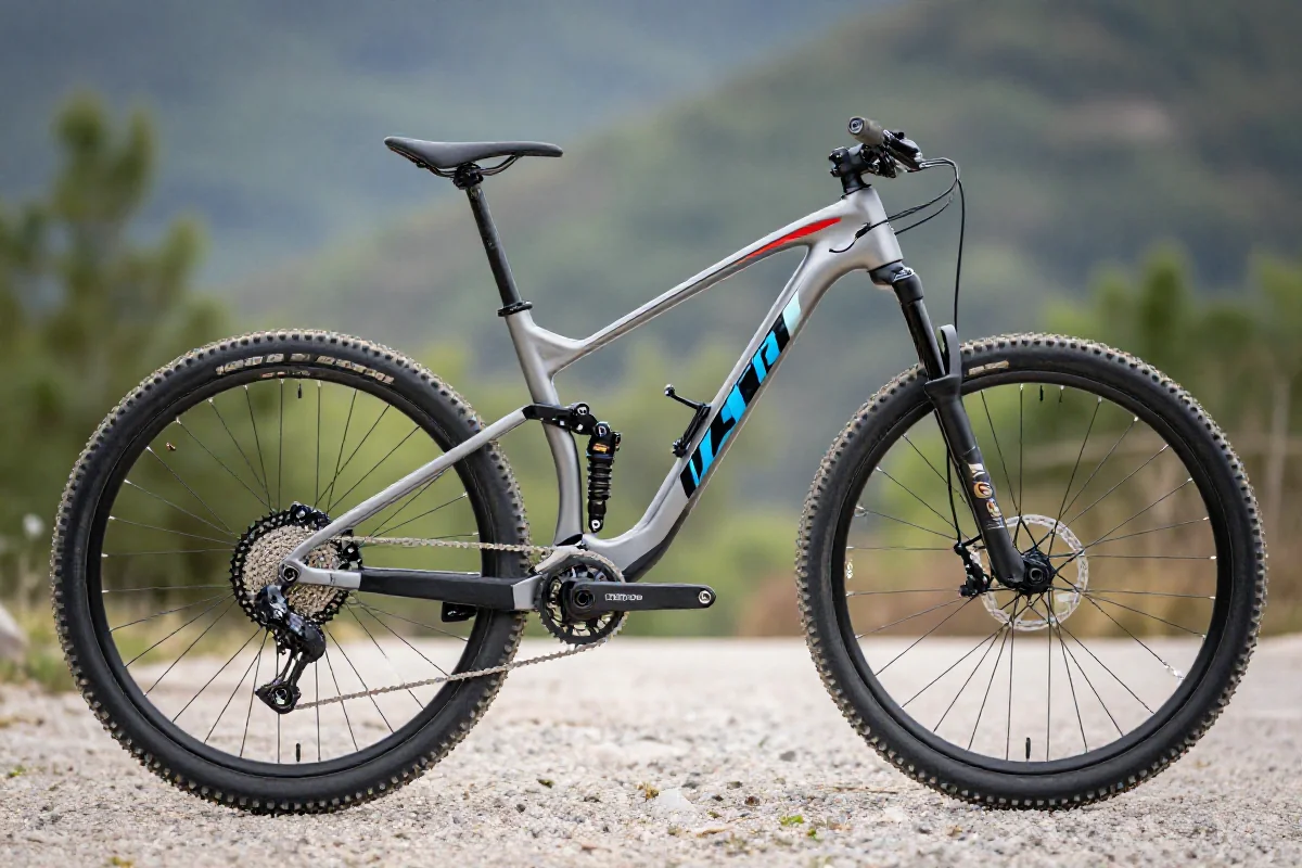 Nowoczesny rower górski w plenerze, idealny do zakupów w outlecie rowerowym.