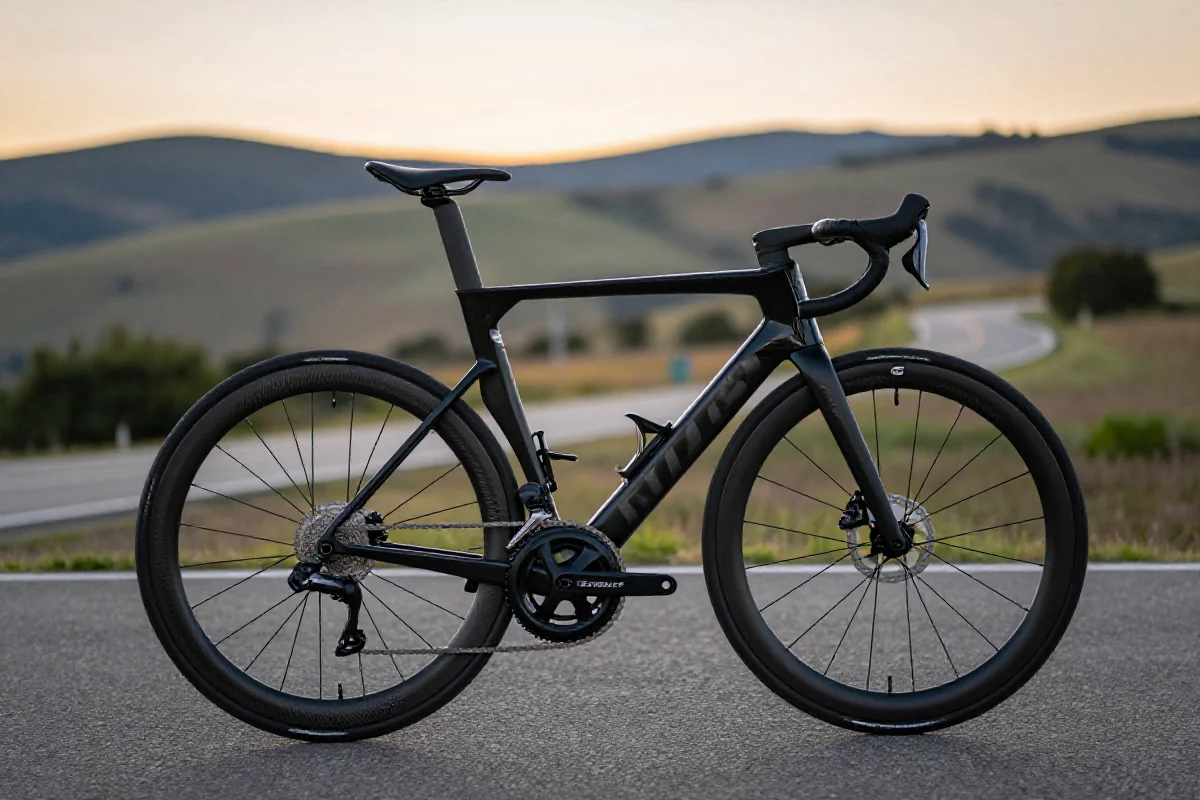 Wysoce wydajny rower szosowy na tle malowniczych wzgórz podczas zachodu słońca.