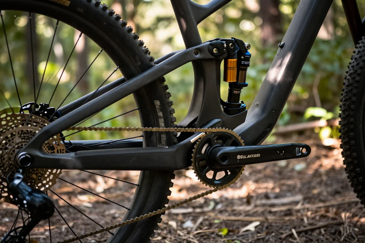 Szczegóły zawieszenia roweru górskiego w naturalnym otoczeniu.