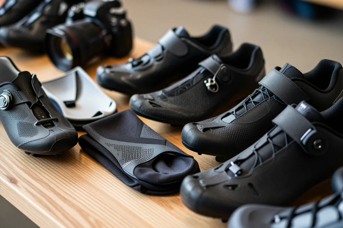 Zbliżenie na ochraniacze na buty i buty zimowe do jazdy na rowerze