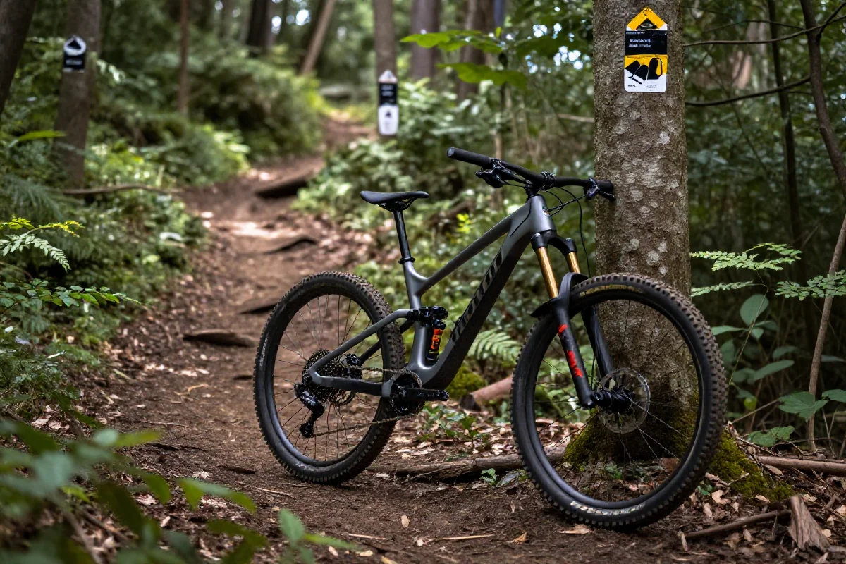 Rower górski na tle wąskiej trasy singletrack w lesie