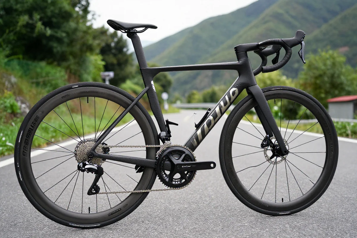 Szczegółowy obraz roweru szosowego na podjeździe w naturalnym otoczeniu.