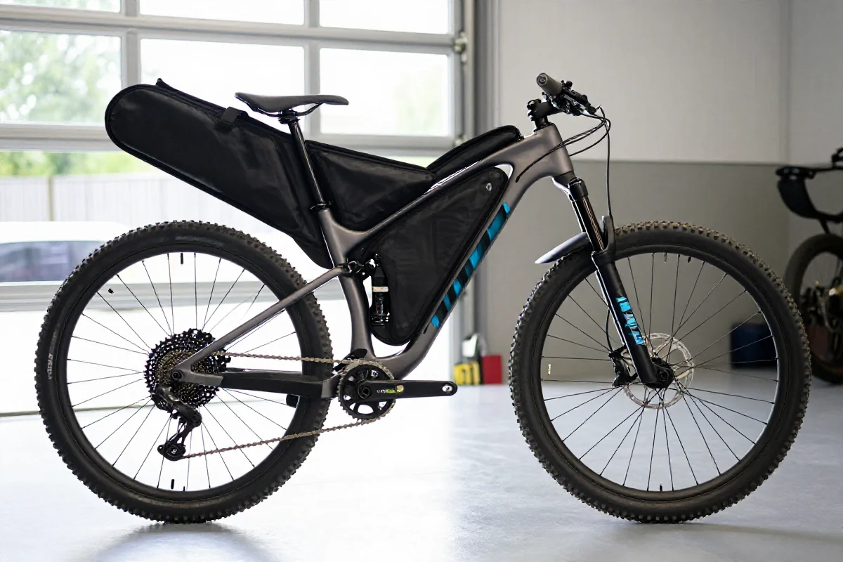 Rower górski zapakowany w pokrowiec transportowy w jasnym garażu.