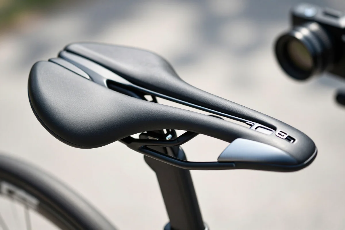 Zbliżenie na siodełko roweru szosowego z zaawansowanym wypełnieniem i szynami.