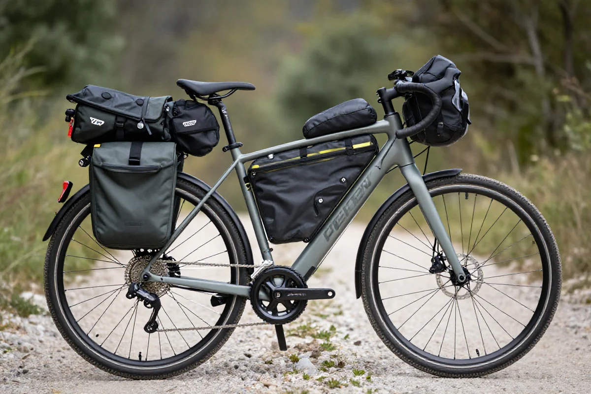 Rower elektryczny z torbami bikepackingowymi w naturalnym otoczeniu