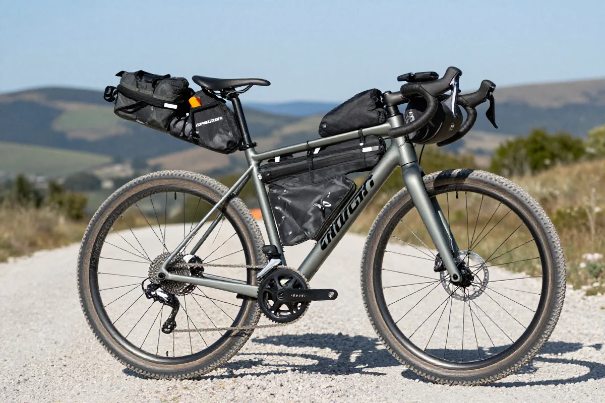 Zorganizowane pakowanie roweru do bikepackingu na szutrowej drodze