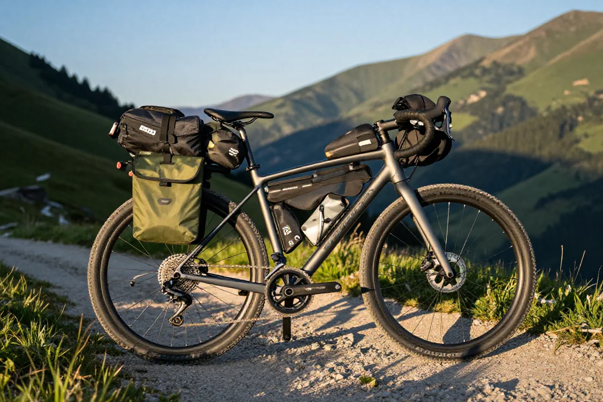 Rower turystyczny z sakwami na górskiej trasie, idealny do bikepackingu.