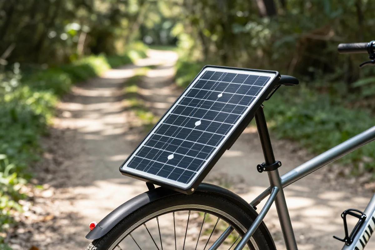Rower z zamontowanym panelem słonecznym na trasie bikepackingowej.