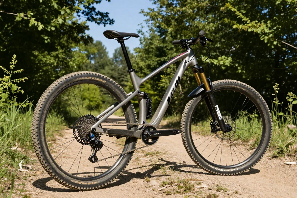 Rower górski na szlaku w parku narodowym, pokazujący jego techniczne detale.