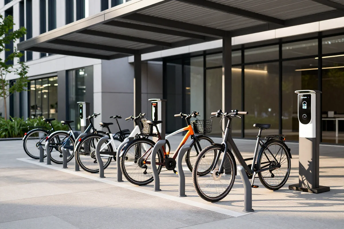 Nowoczesny parking rowerowy dla e-bike'ów w biurze z ładowarkami