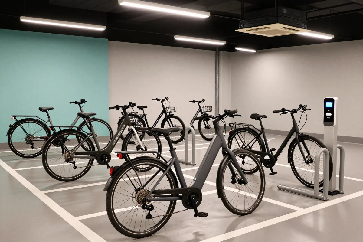 Bezpieczny parking wewnętrzny dla rowerów elektrycznych w nowoczesnym garażu.