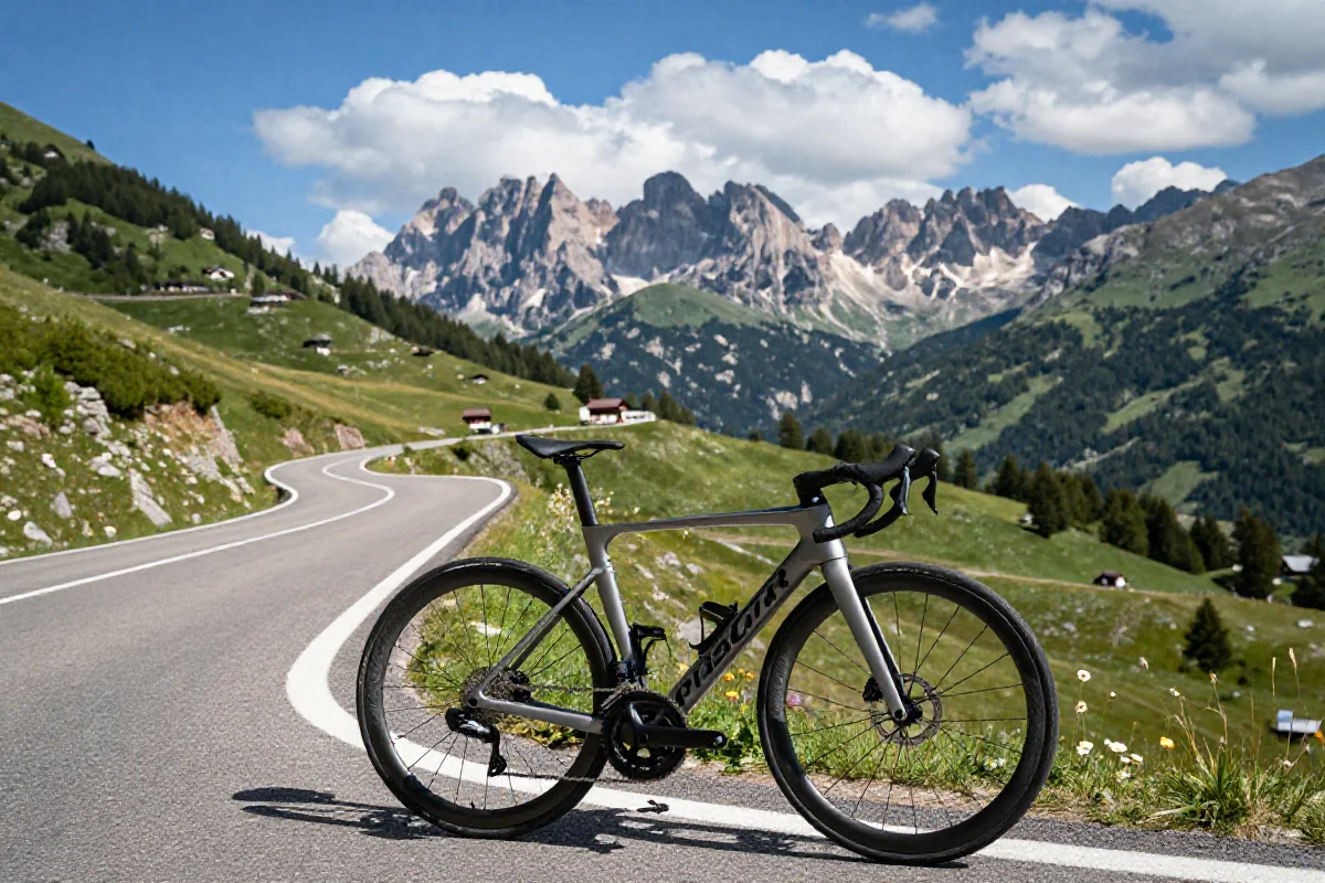 Rower szosowy przy drodze na Passo Giau w Dolomitach