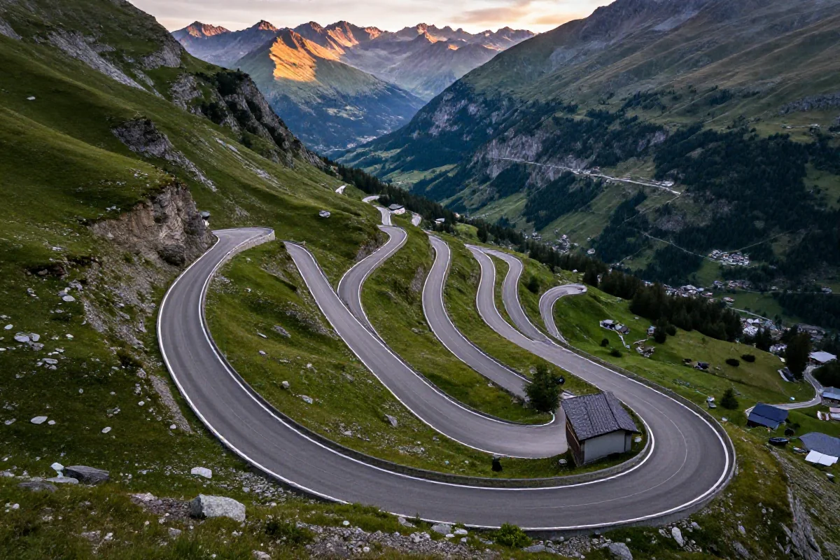 Asfaltowa droga na Passo Stelvio z serpentynami w Alpach włoskich.