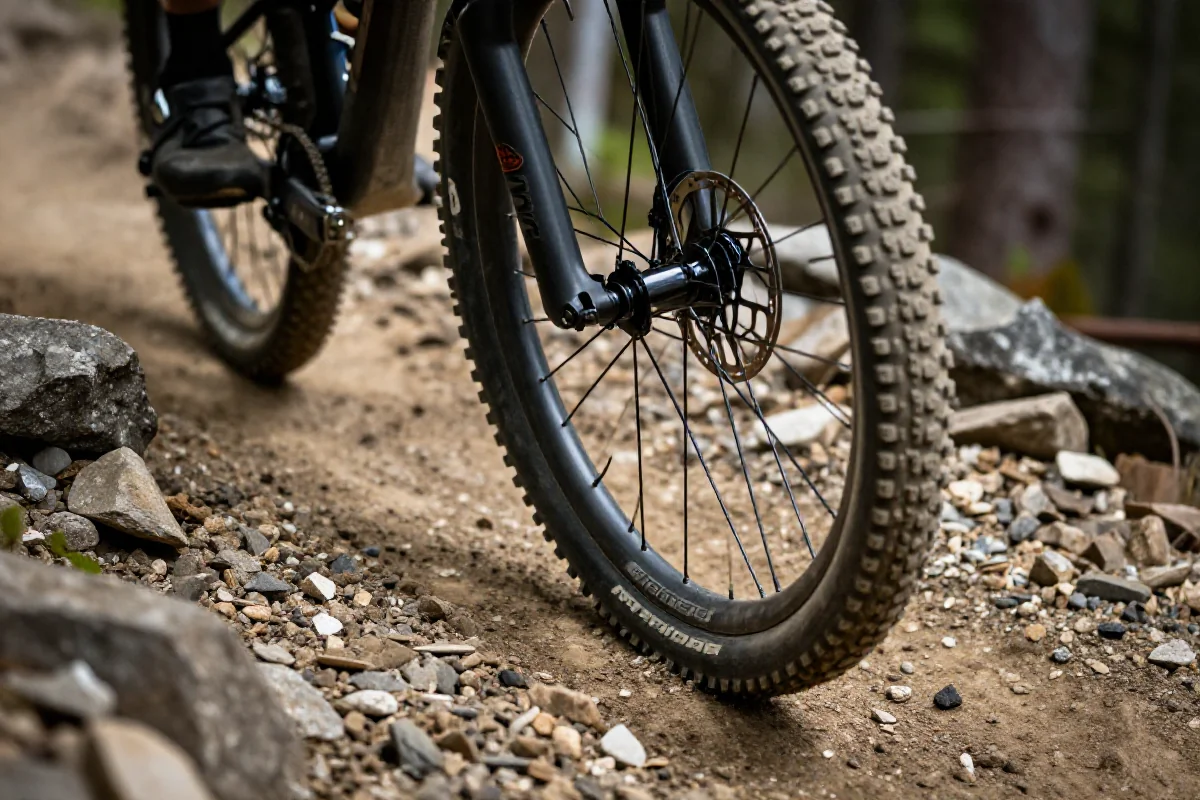 Blisko kadrowane zdjęcie koła roweru górskiego na trudnym szlaku