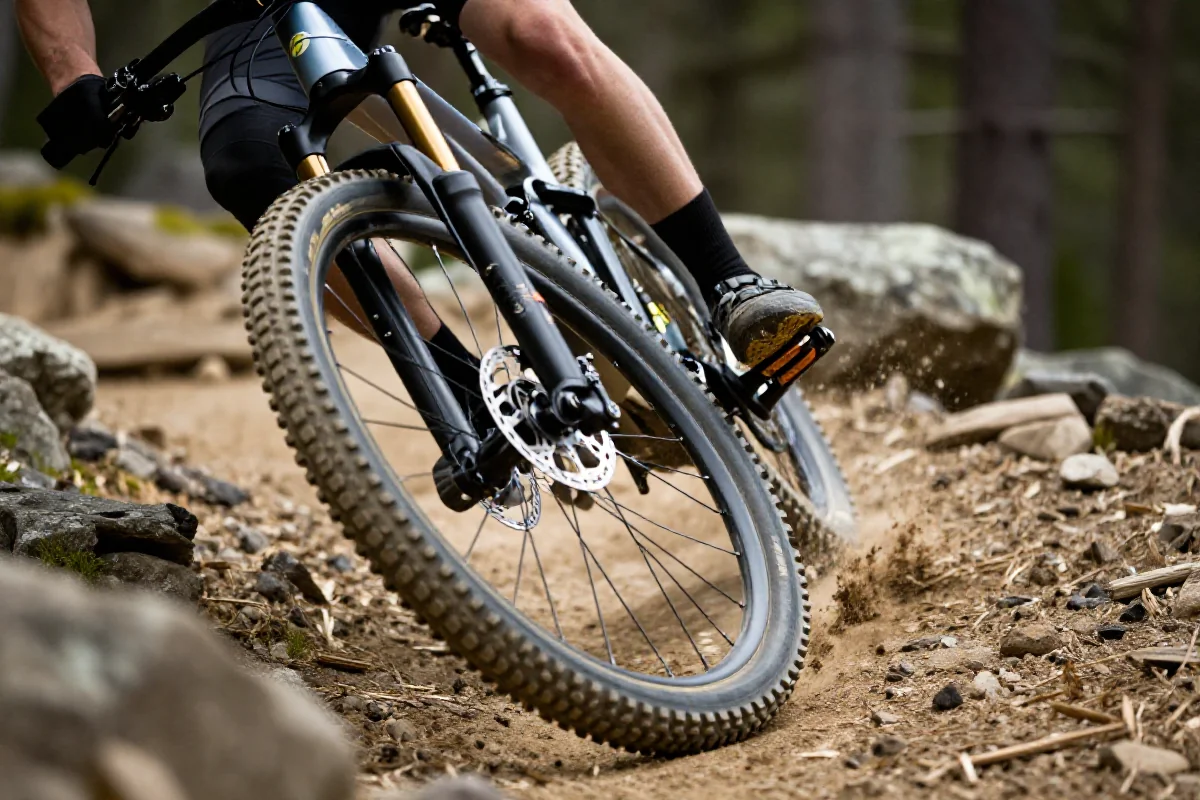 Rower górski w zakręcie na trudnym szlaku w lesie.