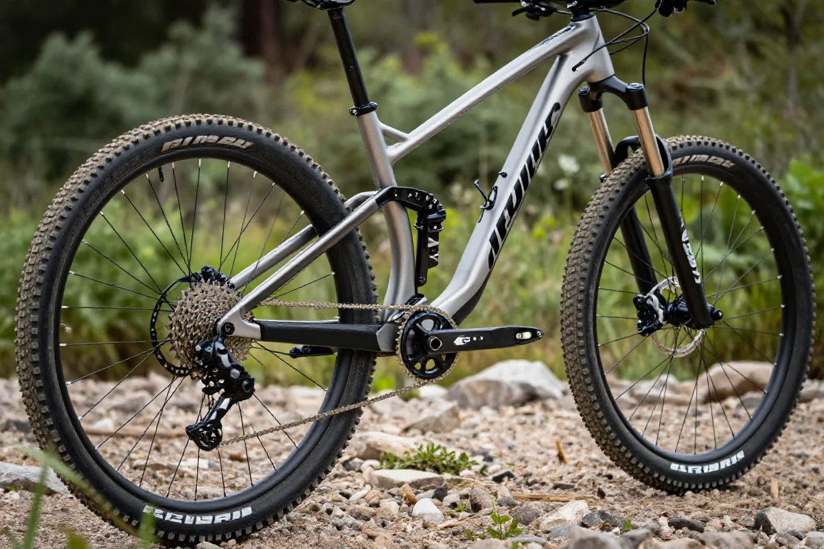 Bliska fotografia roweru górskiego z widocznymi detalami technicznymi