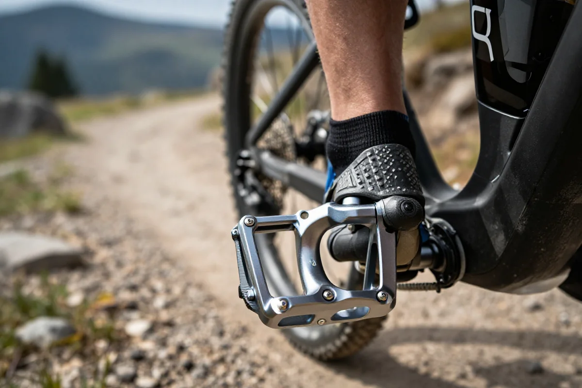 Nowoczesny system pedałów automatycznych MTB z bliska, idealny do jazdy w terenie.