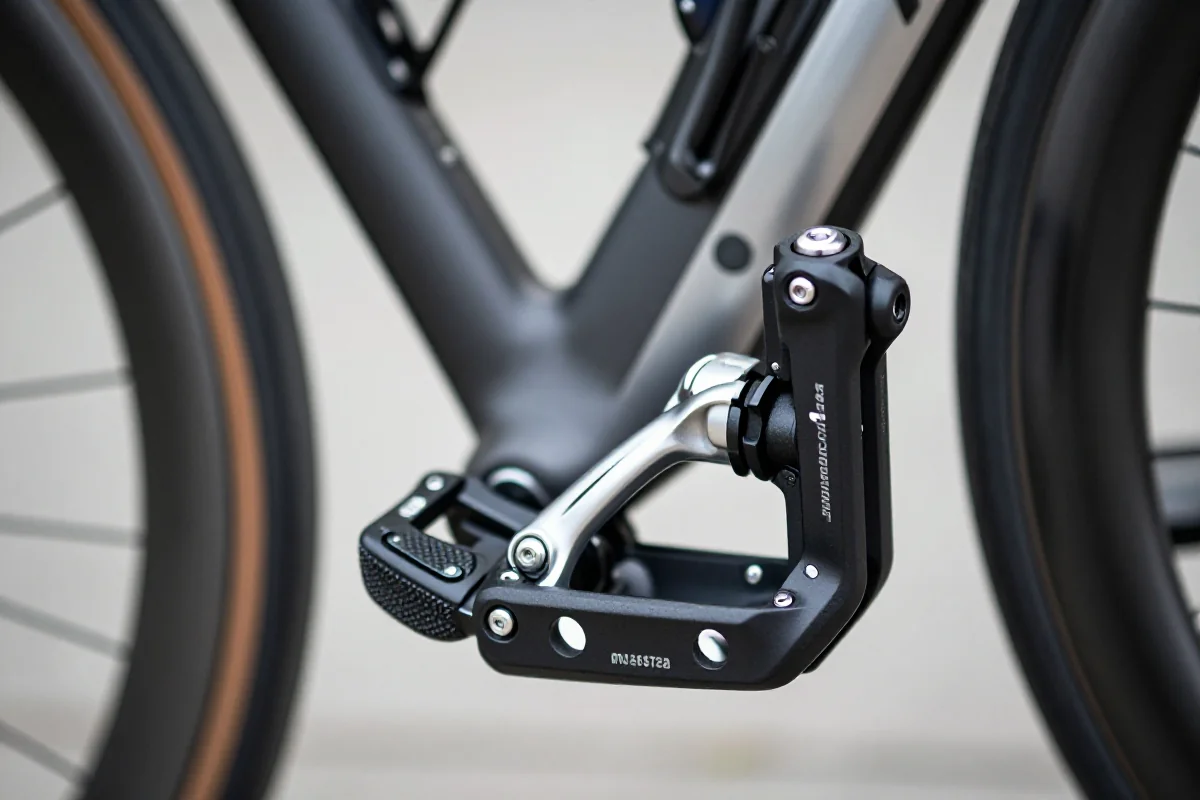 Zbliżenie na system pedałów rowerowych oraz bloków mocujących.