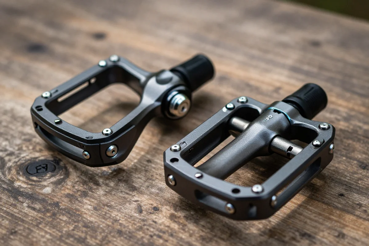 Zbliżenie na pedały MTB, ukazujące ich detale i konstrukcję.