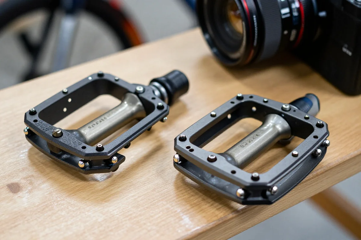 Zbliżenie na pedały rowerowe platformowe i automatyczne, podkreślające ich ergonomiczne detale.